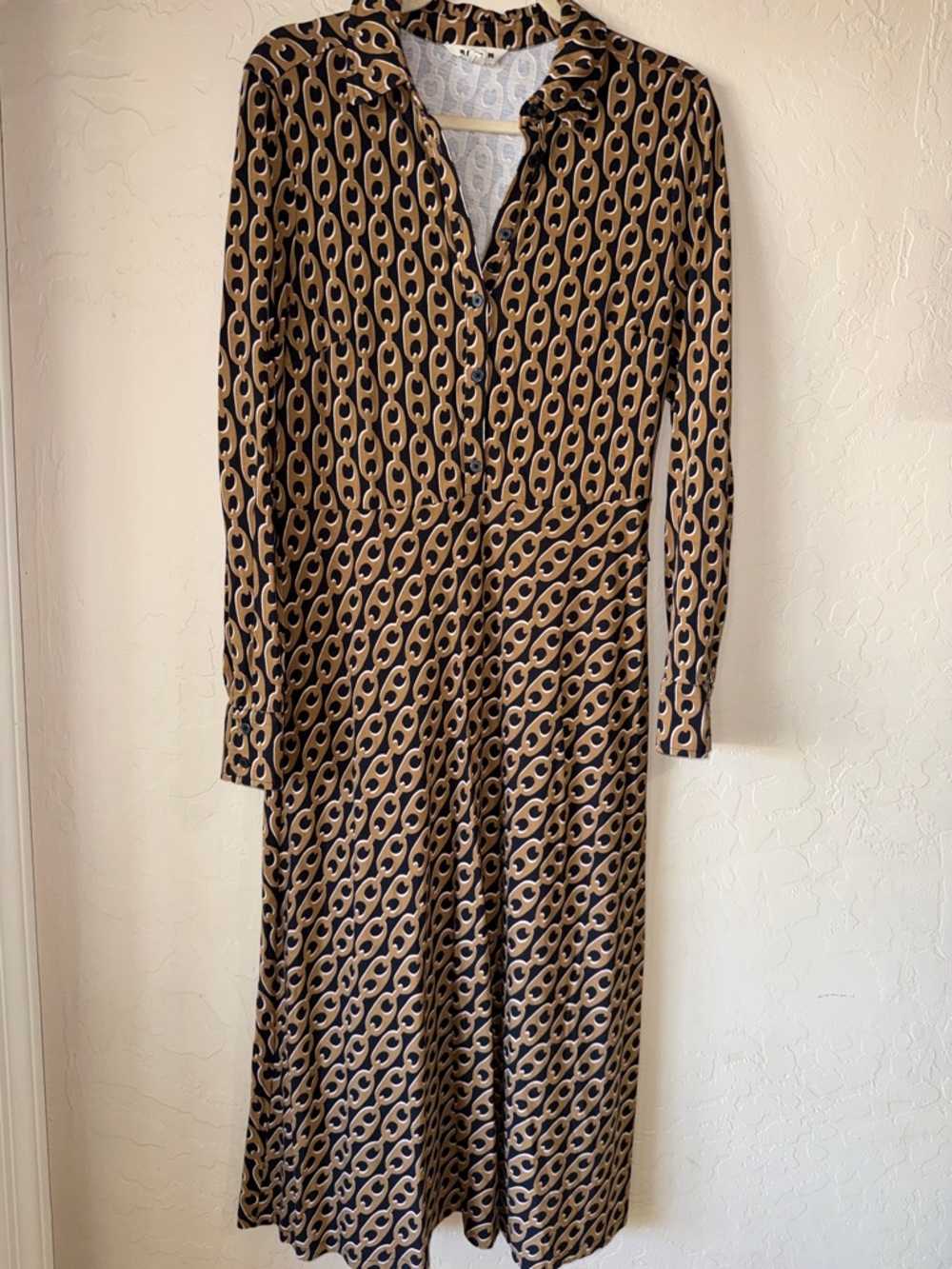 Boden Laura Jersey Midi Shirt Dress camel geo print no belt size 10